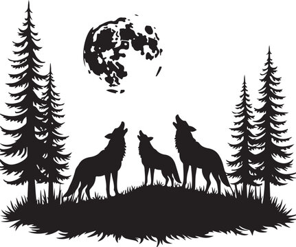 Three wolves howling at a full moon silhouette wolf