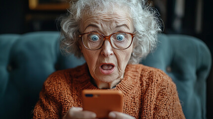 Elderly lady shows surprise while looking at her phone Generative AI