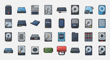 Collection of hard drive icons representing data storage devices, depicting various types of hard drives and storage solutions