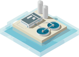 Modern wastewater treatment plant illustration, 3D isometric view, clean water facility, water purification system, eco-friendly industrial infrastructure concept