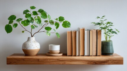 Minimalist Wooden Shelf With Potted Plants And Books In A Living Room
