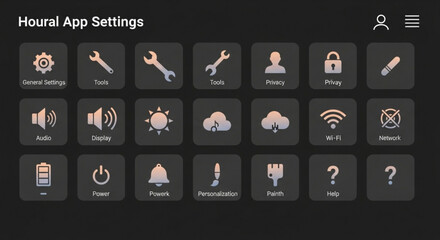 Houral app settings with general settings, tools, privacy, audio, display, wifi, network, on, finder, premium, personalization, fonts, app, question mark icons on dark background