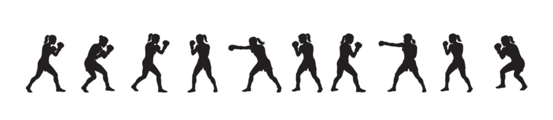 Black silhouette of female boxer in various boxing poses, isolated on white background, graphic illustration. concept of athlete, sport, fitness, martial arts, design element