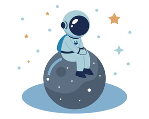 Astronaut sitting on a planet isolated on white background, representing exploration and space travel