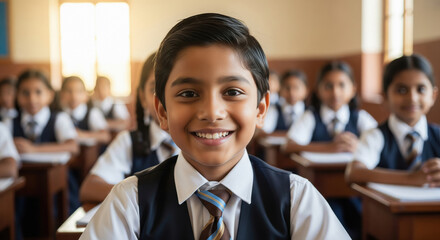 Happy Indian School Boy Smiling in Classroom