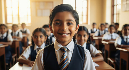Smiling Indian Schoolboy in Classroom, Joyful Learning Environment