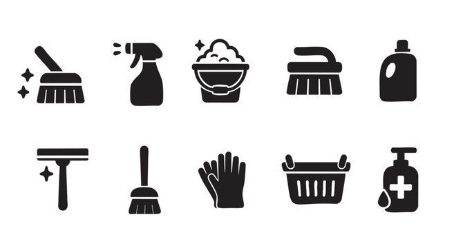 Black silhouette of cleaning tools and supplies set including spray bottle, mop, gloves, brush and other, isolated on white background. household chores, cleanliness, home maintenance, icon collection