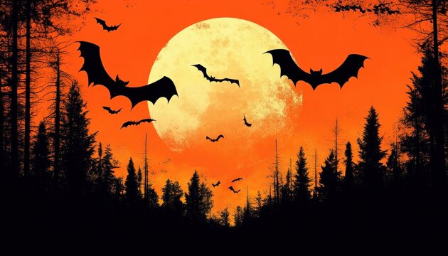 Silhouettes of bats flying over dark pine forest against a large bright full moon and intense orange sky evoking a mysterious, eerie atmosphere