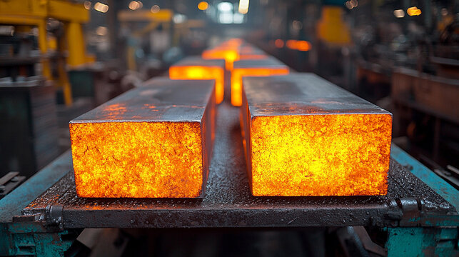 Hot steel billets glow on conveyor in industrial setting Generative AI