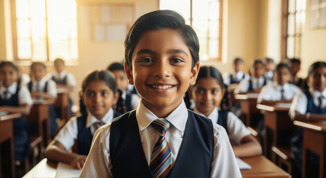 Smiling Indian Schoolboy in Classroom, Joyful Learning Environment