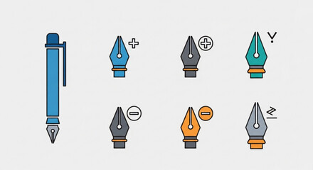 Illustration of various pen tool icons, including a fountain pen and different nib styles, , representing design and creativity