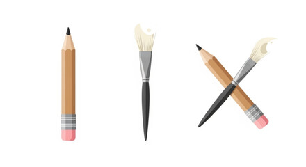 Set of realistic artists tools featuring a wooden pencil, a paintbrush with white paint, and a crossed pencil and brush