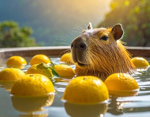 柚子風呂で温まるカピバラ