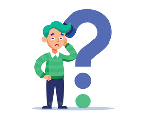Illustration of a confused man with a question mark, symbolizing uncertainty and problemsolving isolated on white background