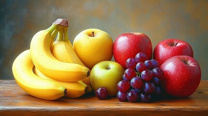 A colorful arrangement of fresh bananas, red and green apples, yellow apples, and a bunch of red grapes on a wooden surface with a blurred background
