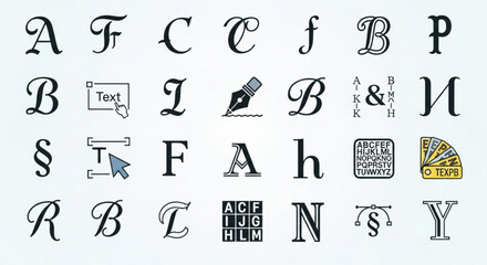 Collection of decorative typography and font icons design elements for graphic design, web design, and mobile app development
