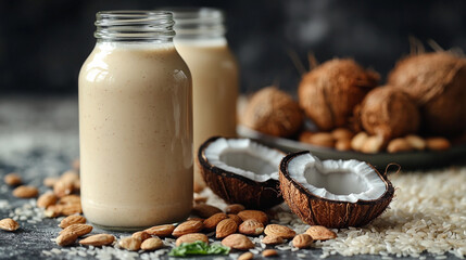 Fresh vegan milk bottles with almonds and rice on a table Generative AI