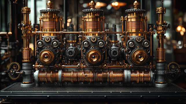 Brass and black steampunk machine with intricate valves Generative AI
