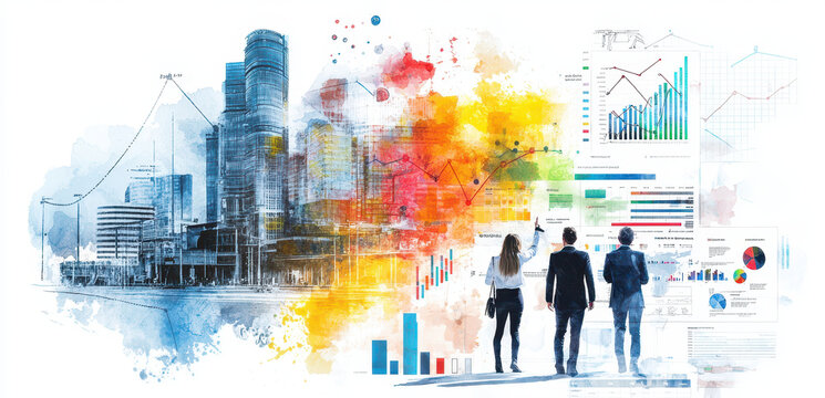 Business professionals analyzing data in vibrant watercolor collage, showcasing graphs, charts, and city skyline, reflecting growth and innovation