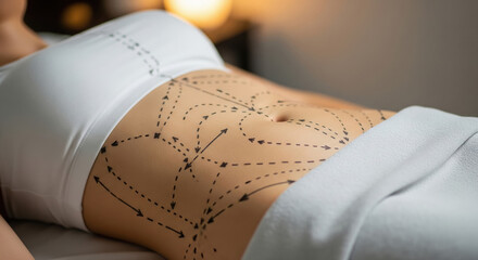 Abdomen prepared for cosmetic body contouring with surgical markings