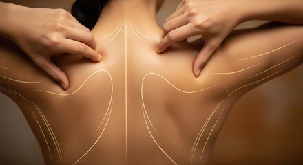 Woman's back with glowing lines for beauty treatment
