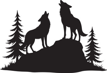 Two black wolf silhouettes howling on a rocky outcrop with pine trees