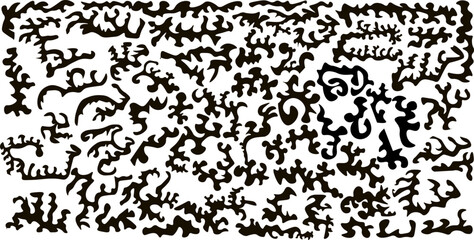Black uneven spots, ink blobs. Hand drawn black and white freehand drawing. Abstract background with rounded shapes. Vector chaotic organic dots. Black pattern. 