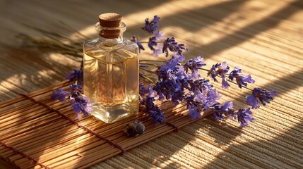 Soothing lavender oil bottle with fresh flower sprigs evokes relaxation and natural wellness for spa and aromatherapy promotions