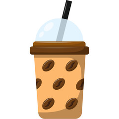 Iced Coffee Drink In A Transparent Cup With Coffee Bean Pattern And Black Straw With Blue Lid And White Background