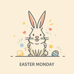Fototapeta premium A charming illustration presents a cheerful Easter bunny, surrounded by colorful eggs and festive decorations, perfect for holiday designs and springtime celebrations.