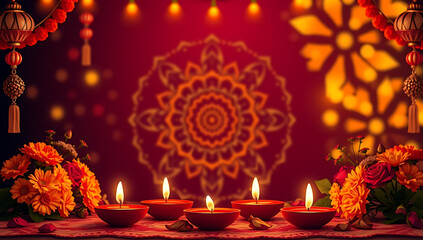 Diwali Celebration: Glowing Diya's, Floral Mandala, and Golden Radiance