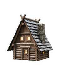 Cozy snow-covered cabin with warm light glowing, perfect for holiday scenes, winter wonderlands, and charming rustic retreats, isolated to drop into your designs