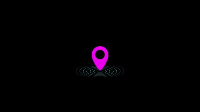 GPS location pointer animated with radio wave, location map pointer with pin icon and location animation on black background.