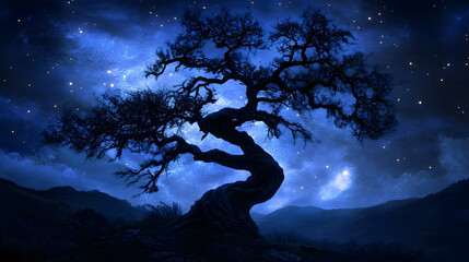 Ancient gnarled tree silhouetted against a breathtaking vibrant starry night sky, evoking wonder and cosmic mystery.
