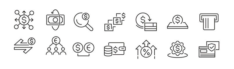 Obraz premium Bill Payment line icon set. Pay, money, finance, payment, investment, financial, card, phone, cash, wallet, banking, transaction line icon set. Ui thin line icon pack.