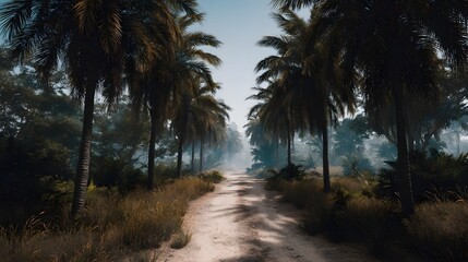 Obraz premium A dirt road winds through a tropical landscape lined with lush palm trees under a bright misty sky