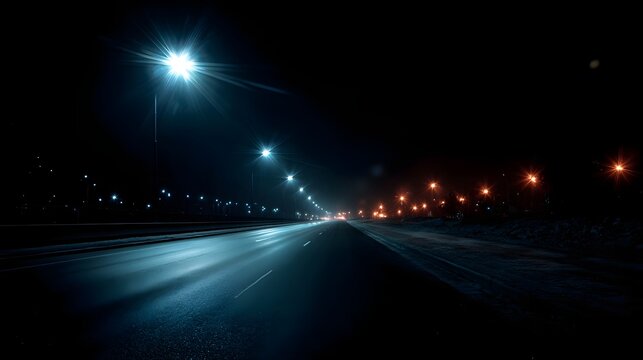 A deserted road at night illuminated by bright streetlights casting a cool blue glow - Powered by Adobe