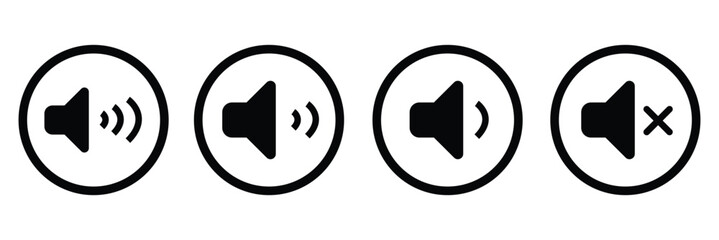 Sound volume icons set with different signal levels on white background. Sound icon, volume symbol, speaker sign, audio control icon set. Vector Eps10