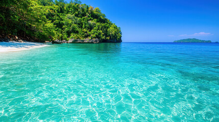 Fototapeta premium Serene beach scene featuring clear turquoise water, gentle waves, and lush green hills in background, evoking sense of tranquility and relaxation