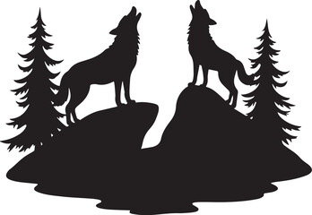 Two wolves howling on rocky outcrops with pine trees