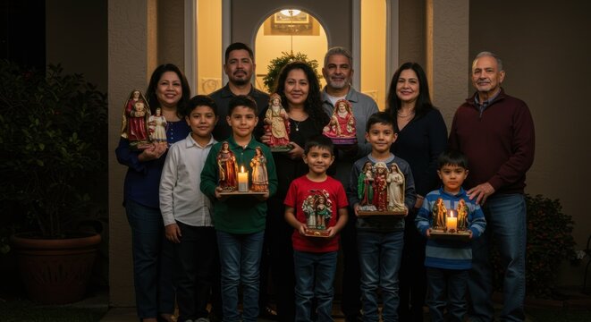 Las posadas family celebration with traditional figurines at night
