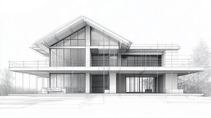modern two-story glass and concrete house architectural sketch showcasing large windows and clean structural design with outdoor seating on the ground floor