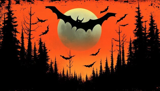 Silhouettes of bats flying above dark pine trees with a large glowing full moon against an eerie orange sky evoking a spooky, Halloween atmosphere
