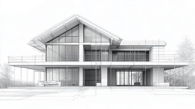 modern two-story glass and concrete house architectural sketch showcasing large windows and clean structural design with outdoor seating on the ground floor