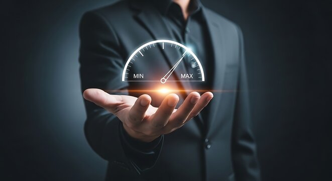 Elegant Minimalist Speedometer Performance Indicator Gauge on Hand Business Concept