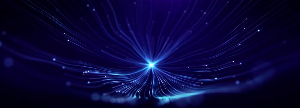 Blue light particle light effect background, slow motion, abstract line digital transmission particle light effect. Technology digital wave concept. Abstract motion wave blue dots, defocused glow.