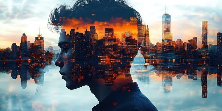Double exposure of a thoughtful young man’s profile merged with a vibrant city skyline at sunset reflecting on water, evoking a contemplative and urban vibe