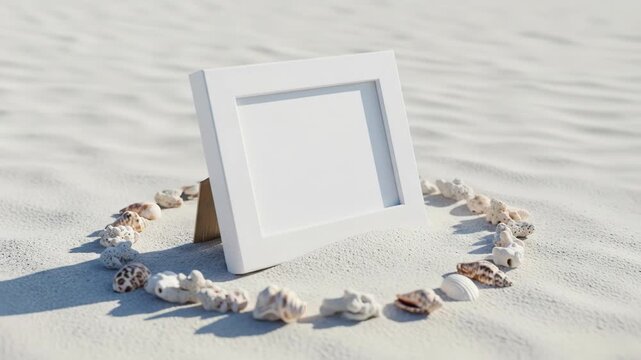 Clean white frame stands on sand, adorned with seashells in a circle