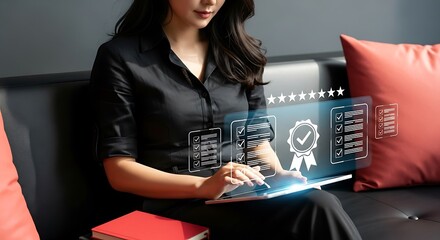 Modern Businesswoman Using Tablet with Quality Assurance Checklist Overlay Concept