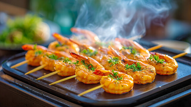Shrimp skewers sizzling on a hot griddle, emanating steam, with green garnishes and a blurred background featuring more food